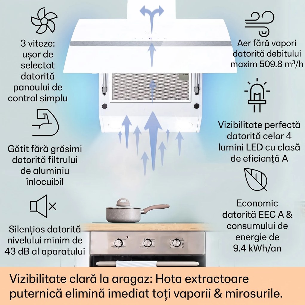Klarstein Clara 60, hotă, 591 m³/h, ecran tactil, iluminare ambientală