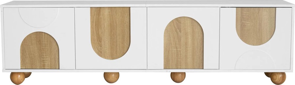 Comodă TV cu 4 uși, design minimalist cu aspect de lemn și finisaj alb, 175x38x50 cm, Culoare naturală+Alb