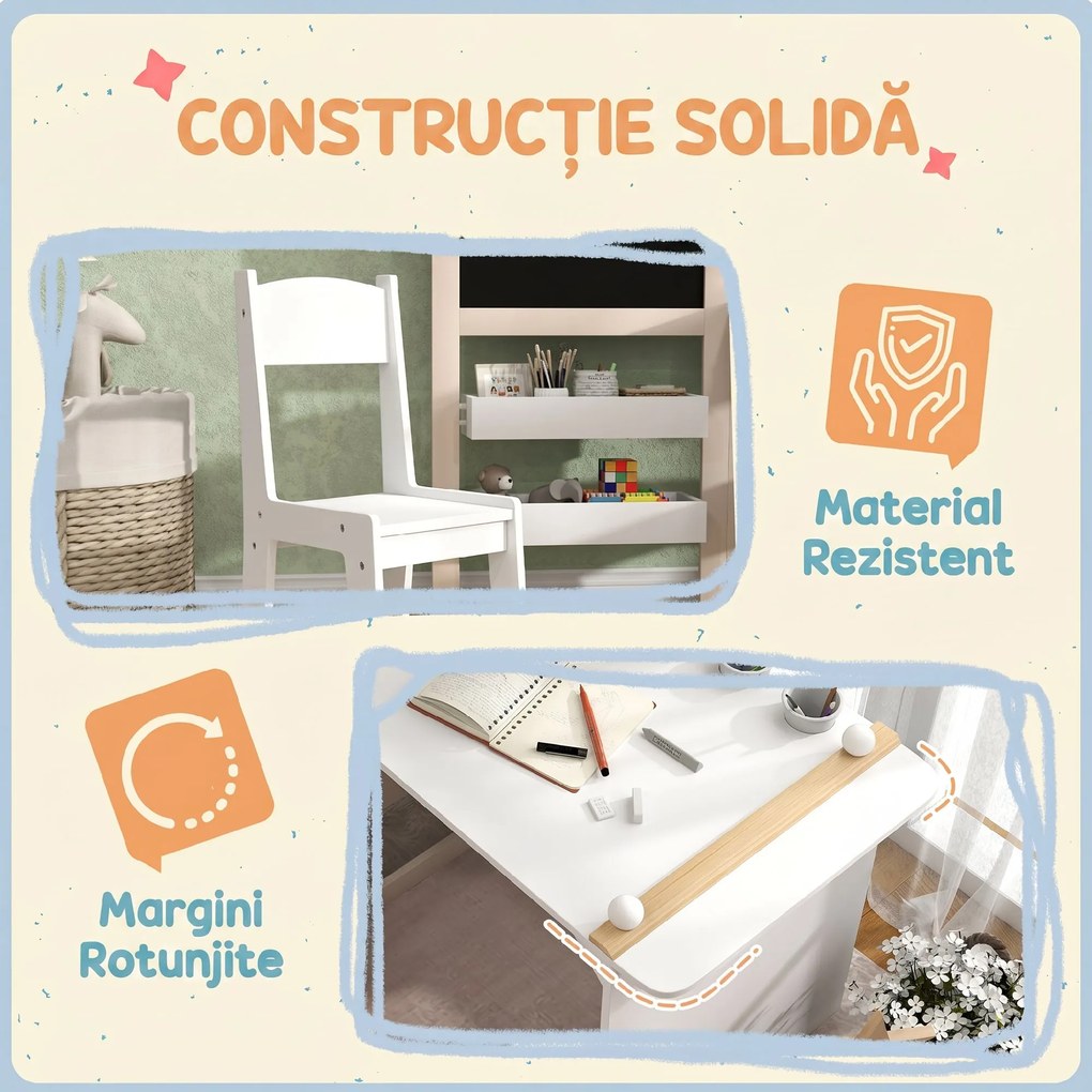 AIYAPLAY Set Masă și Scaun pentru Copii 3-8 Ani cu Tablă Neagră, Tablă Albă, Containere și Rulou de Hârtie, Alb | Aosom Romania