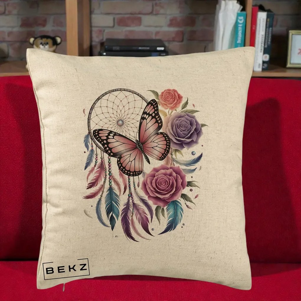 Perna Personalizata Prinzator de Vise cu Fluture si Trandafiri, 40x40 cm, Bej, Husa Detasabila, Perna Inclusa, BEKZ®