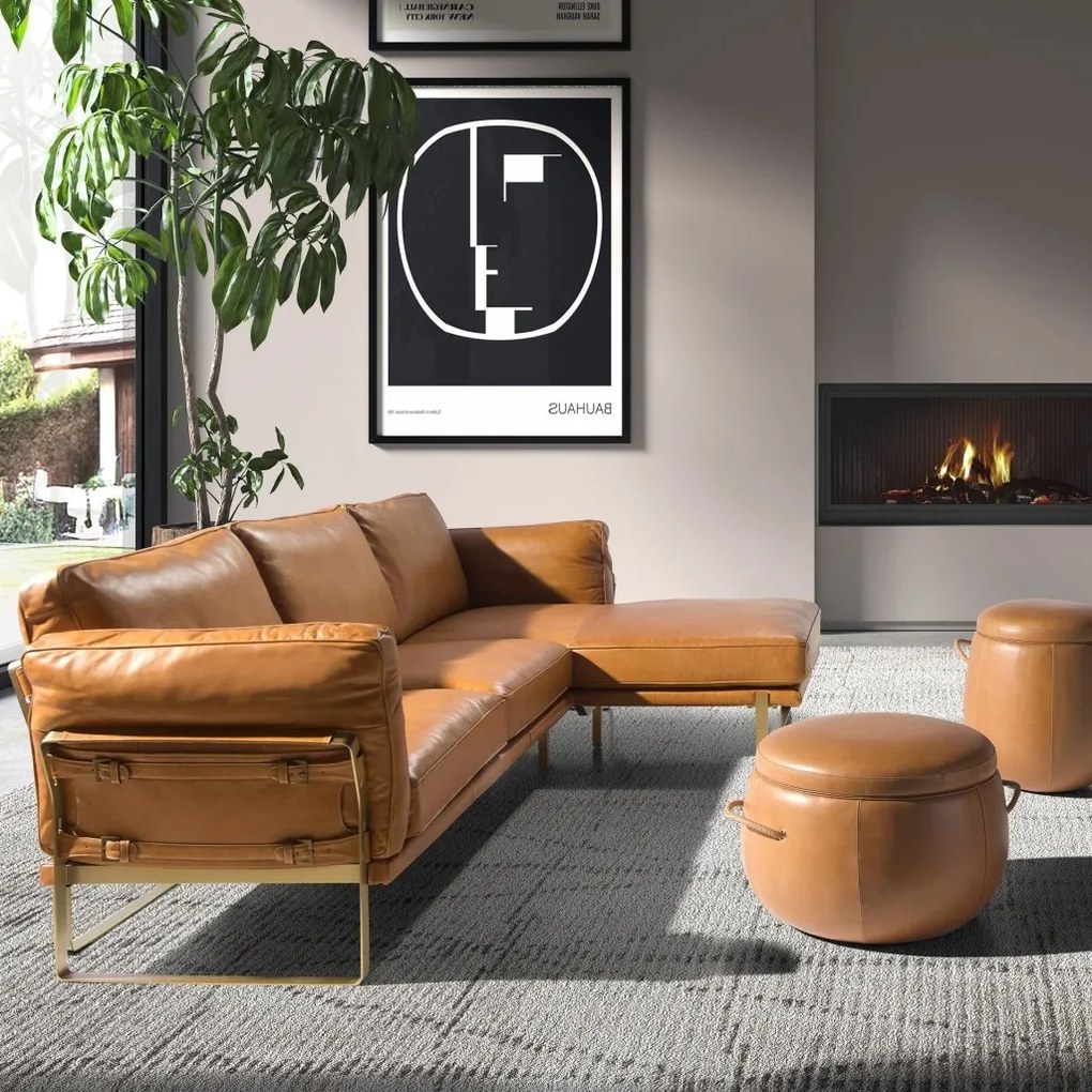 Coltar LUX design italian cu sezlong dreapta Cowhide camel