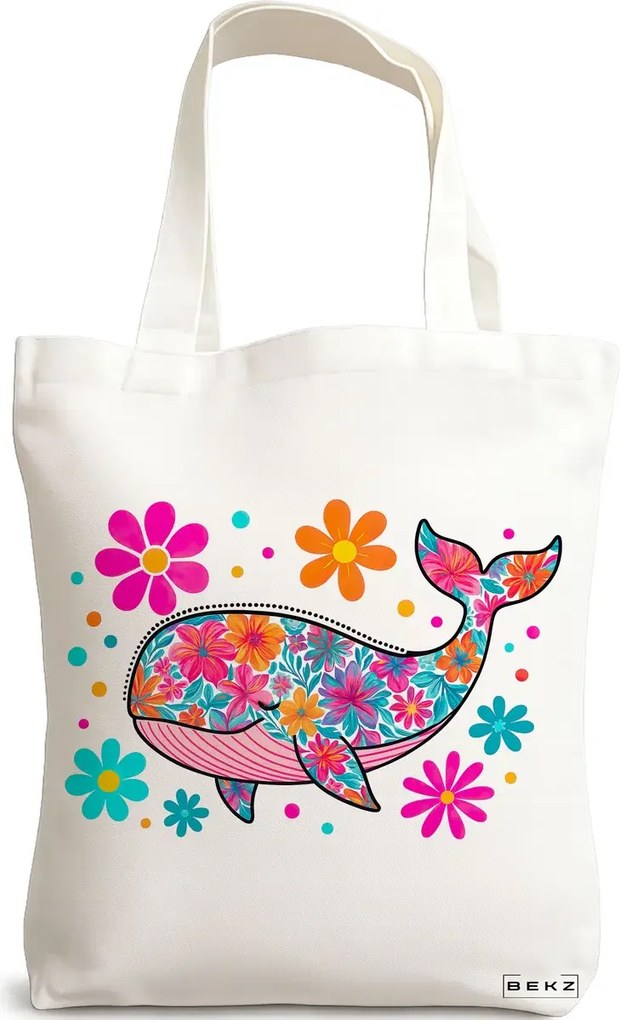Sacosa de Panza pentru Cumparaturi, Geanta Tote, model Fish Flower, 38 x 34.5 cm, Alba, BEKZ®