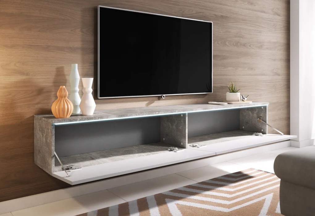 Supermobel Comoda TV LOWBOARD D 180, 180x30x32, stejar wotan/alb luciu + LED