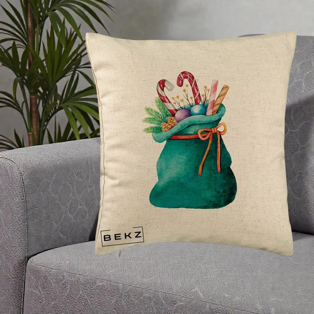 Perna Decorativa Saculet Cadouri Mos Craciun Acuarela Verde, 40x40 cm, Bej, Husa Detasabila, Perna Inclusa, BEKZ®