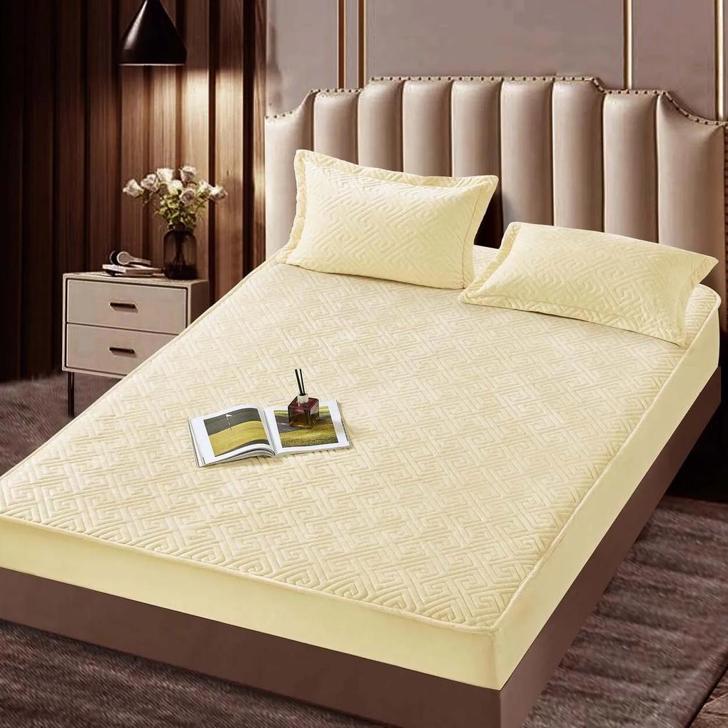 Husa de pat matlasata si 2 fete de perne din catifea, cu elastic, model tip topper, pentru saltea 160x200 cm, crem, HTC-36