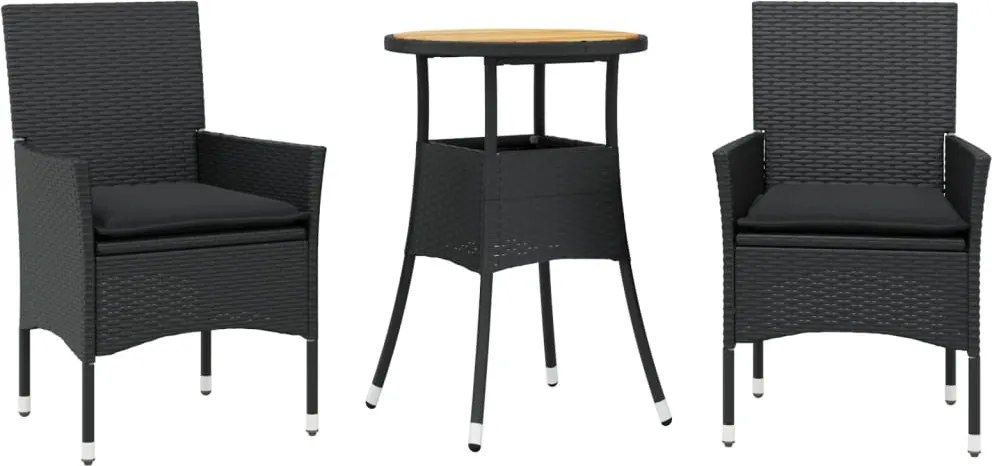 vidaXL Set mobilier grădină perne 3 piese negru poliratan/lemn acacia