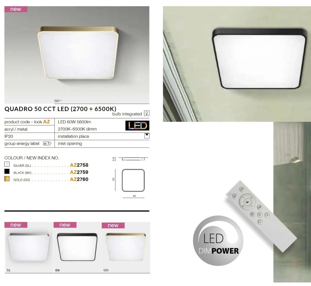 Lustra LED dimabila cu telecomanda de tavan/plafon Quadro 50 aurie