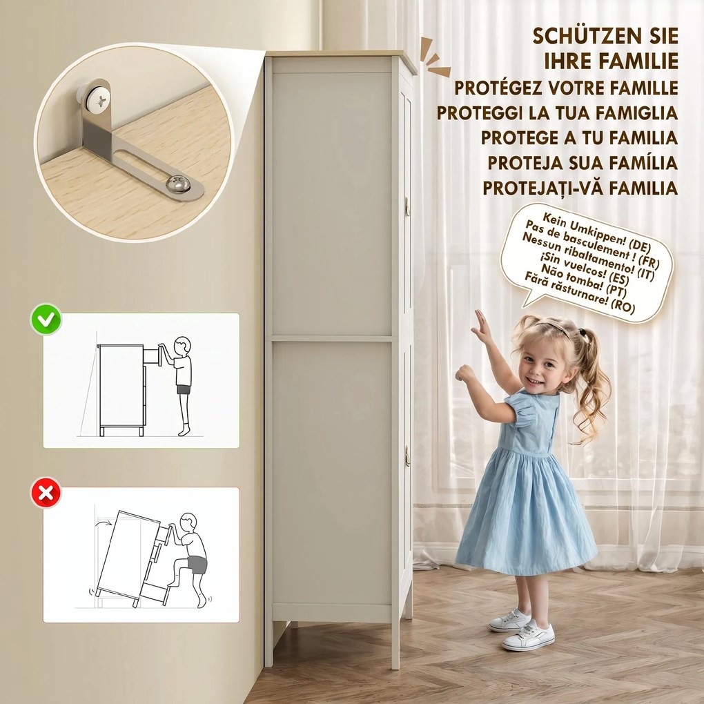 HOMCOM Bufet Înalt de Bucătărie 177 cm, Dulap cu Lumină LED, Reglabil în 3 Culori, Rafturi Ajustabile, Alb | Aosom Romania
