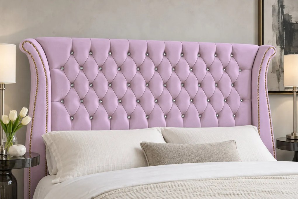 Pat tapițat din catifea Zafira 160×200 cm, lila, cu ladă de depozitare