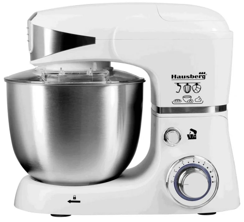 Robot de bucatarie cu bol din otel Hausberg HB-7605AB, 1000W, 5 L, 6 viteze, LED, Blender, Mixer, Masină de tocat carne, Alb