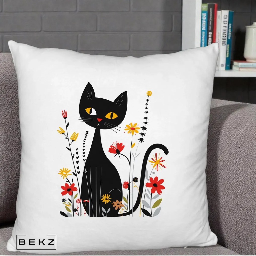 Perna Decorativa Pisica Neagra Ochi Galbeni Flori, 40x40 cm, Alb Pufos, Husa Detasabila, Perna Inclusa, BEKZ®