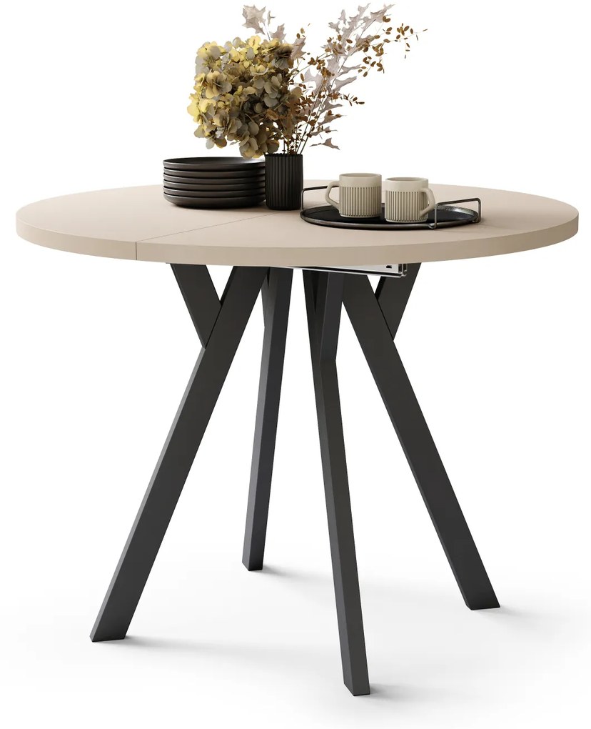 Mazzoni ALMO Bej/picioare negre - MASĂ ROTUNDĂ EXTENSIBILĂ CU PICIOARE ÎN FORMĂ DE Y STIL LOFT PENTRU SALON/SUFRAGERIE
