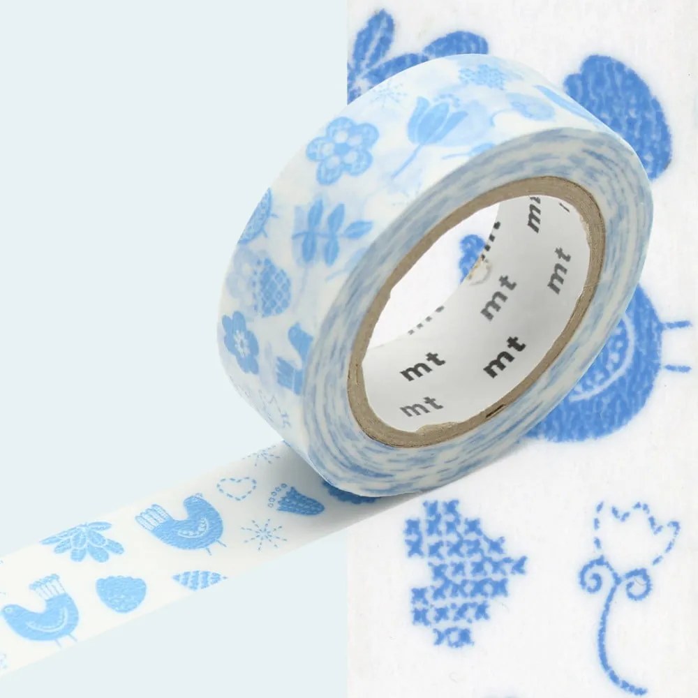Bandă washi MT Masking Tape Bird Song, albastru - alb