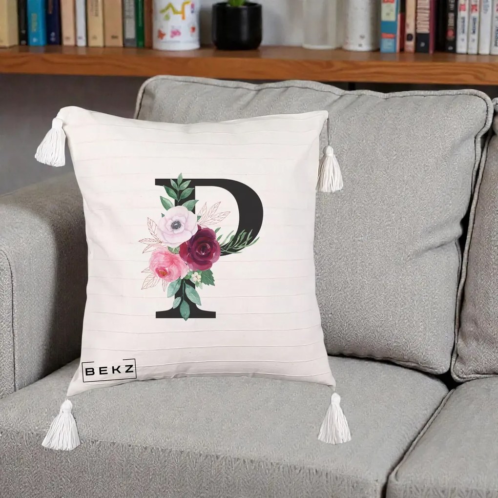 Cadou Personalizat - Perna Personalizata Monograma Florala Litera P, 40x40 cm, Bej cu Franjuri, Husa Detasabila, Perna Inclusa, BEKZ®