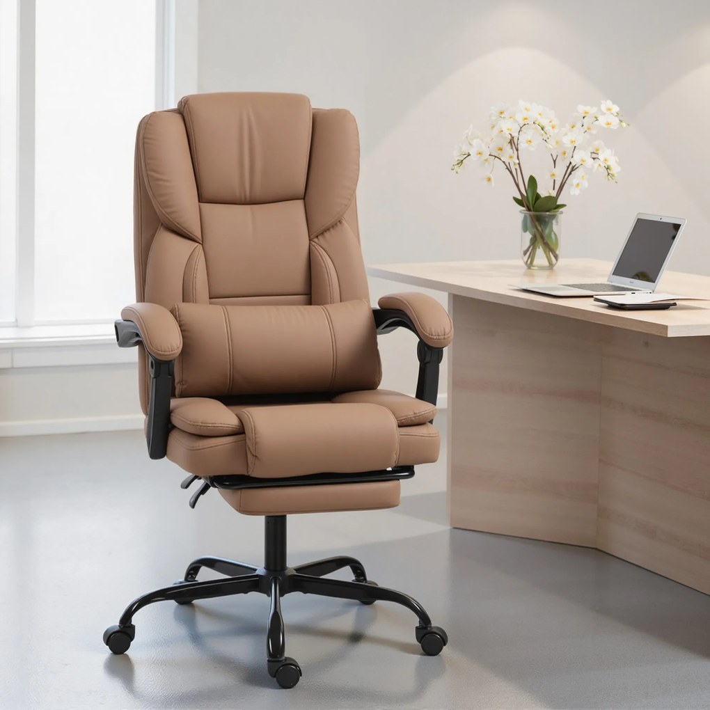 Scaun de birou ergonomic HOMCOM reclinabil 140° cu reposapiede și pernă, scaun de birou din piele ecologică anti-zgârieturi, ușor de curățat, brațe îmbunătățite, pivotant și reglabil pe înălțime, maro | Aosom Romania