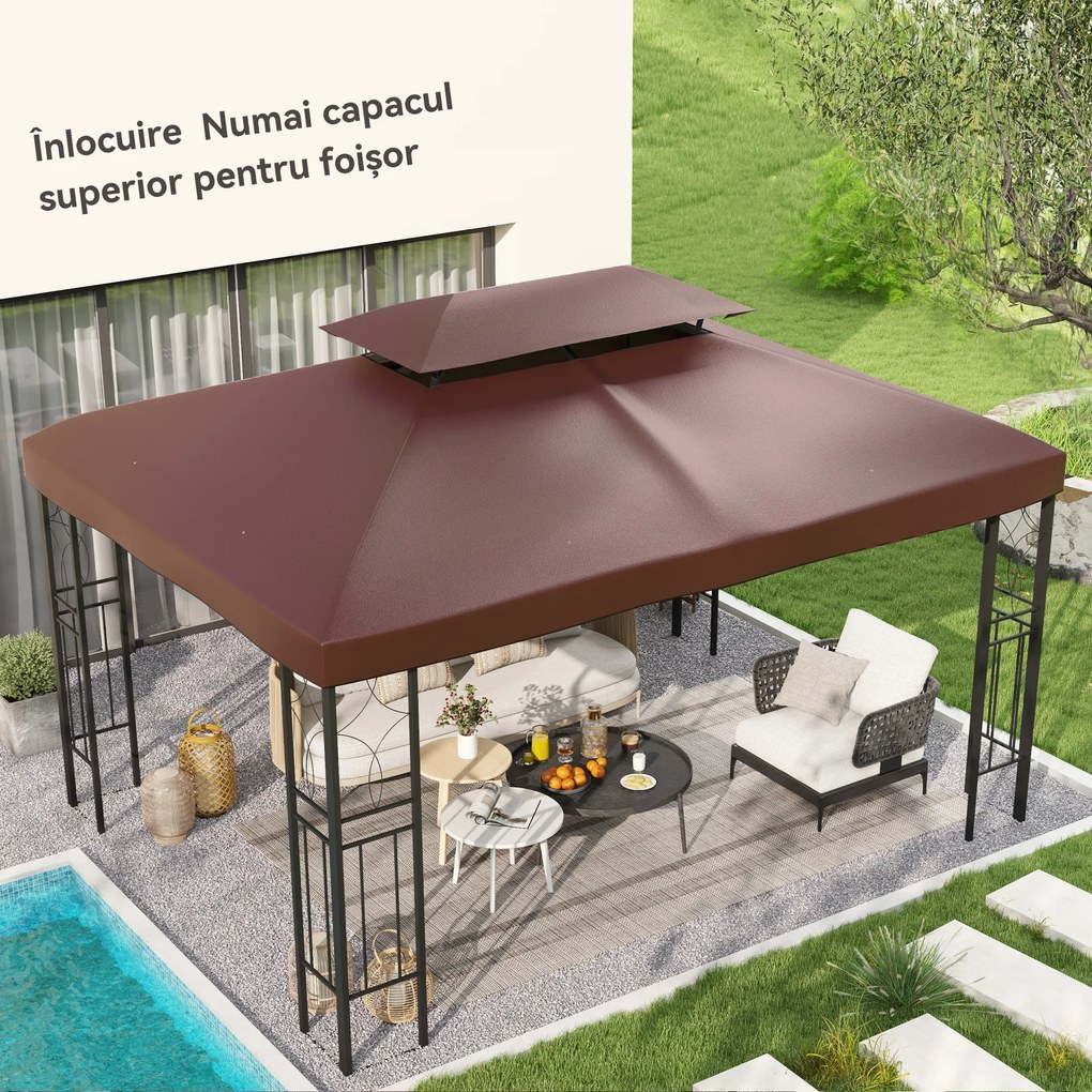 Outsunny Acoperiș de Schimb pentru Foișor 4x3 m cu 2 Niveluri pentru Grădină, Acoperire Rezistentă la Apă din Material Oxford 370g/㎡ Anti-UV 30+ cu Orificii de Drenaj, Cafeniu | Aosom Romania