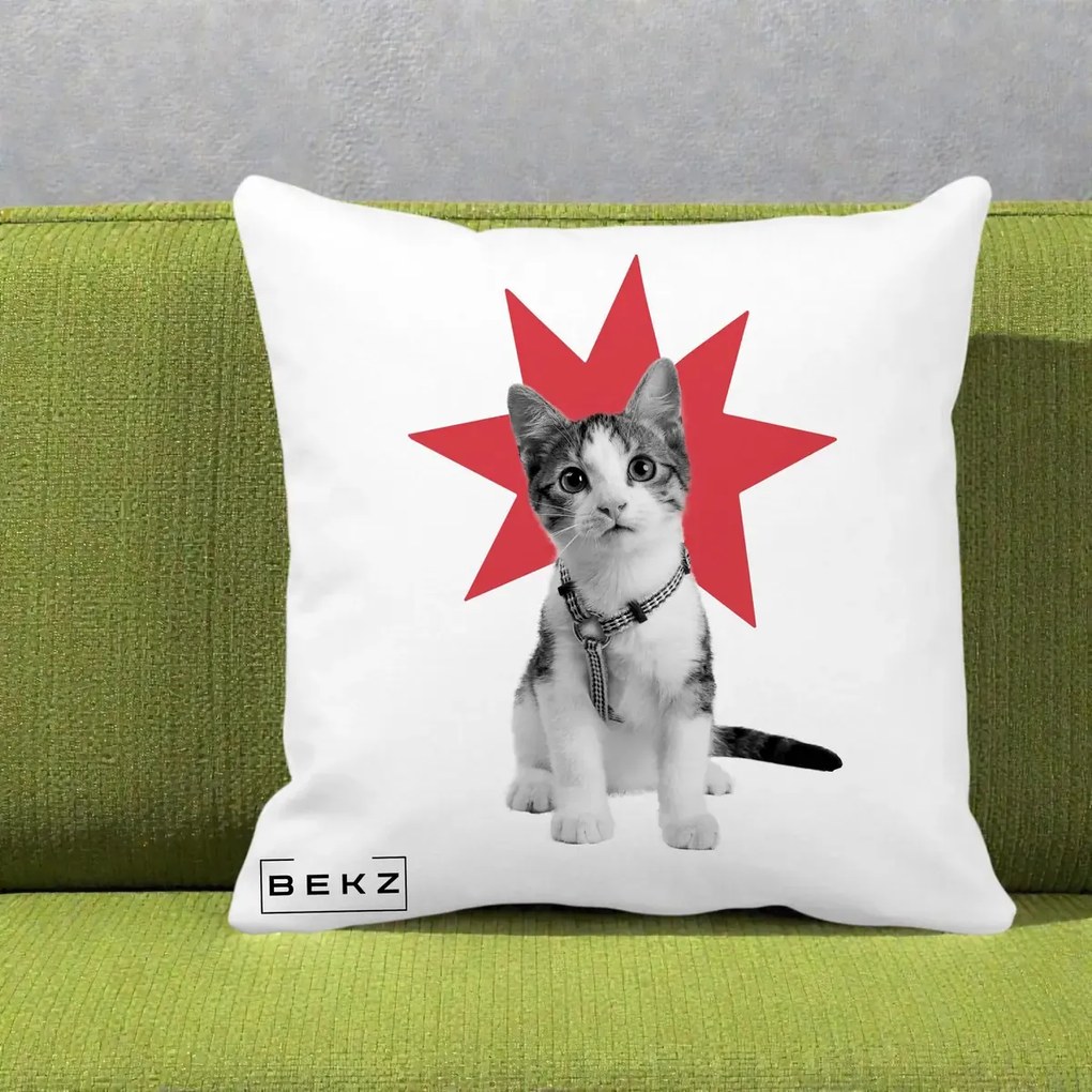Perna Decorativa Pisica Star Pop Art, 40x40 cm, Alba Mata, Husa Detasabila, Perna Inclusa, BEKZ®