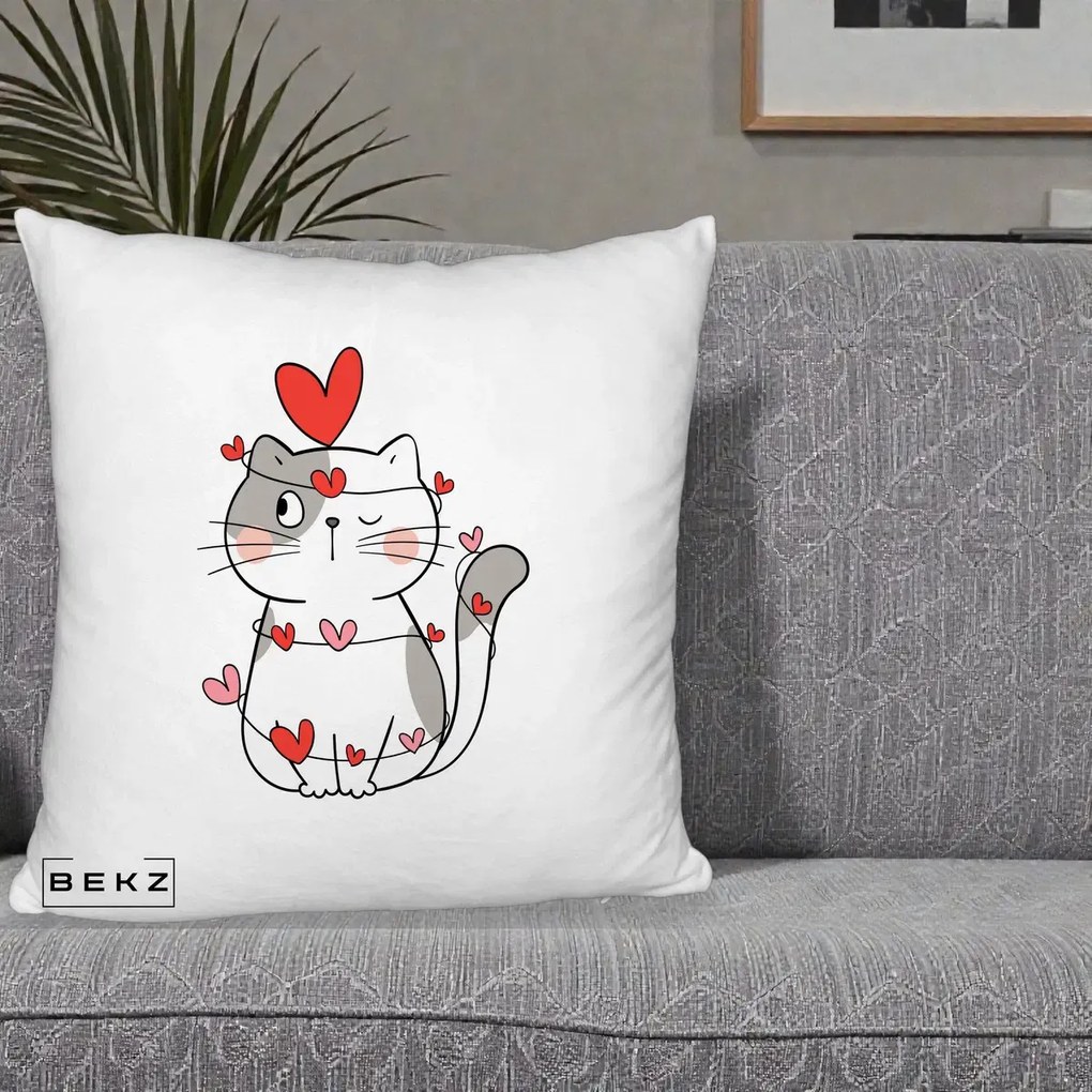 Perna Decorativa Pisica Kawaii cu Inimi, 40x40 cm, Alb Pufos, Husa Detasabila, Perna Inclusa, BEKZ®