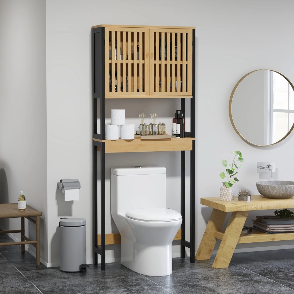 HOMCOM Dulap Baie cu Economie de Spațiu, Dulap Deasupra Toaletei cu 2 Uși și Raft Deschis, 60x21,5x172 cm, Lemn Natural | Aosom Romania