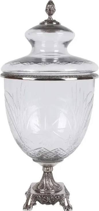 Bombonieră pe picior din sticlă gravată și aluminiu, argintie, cu capac, aspect vintage, finisaj antichizat, 51 x 24 cm, „Cassandre”
