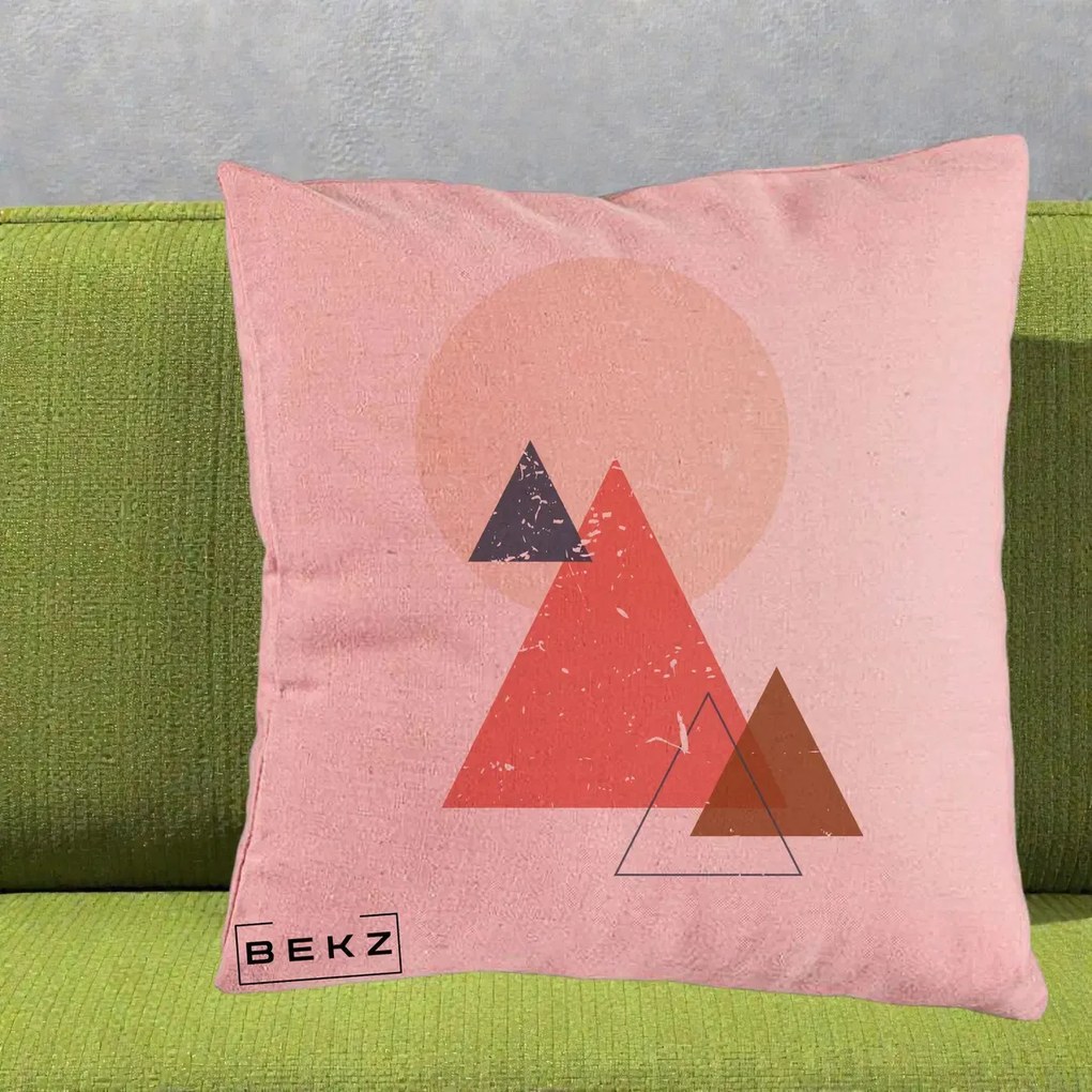 Perna Decorativa Geometric Munti si Soare, 40x40 cm, Roz, Husa Detasabila, Perna Inclusa, BEKZ®