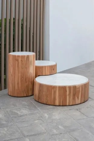 Set 3 masute de cafea, din lemn de acacia si blat din marmura, Virela