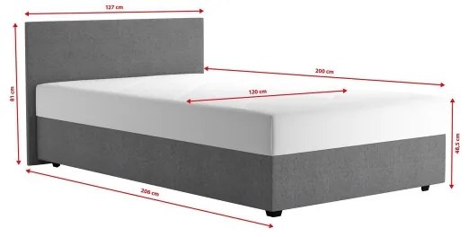 Pat tapițat DARIA, 120 x 200 cm, cu spațiu de depozitare și saltea, gri