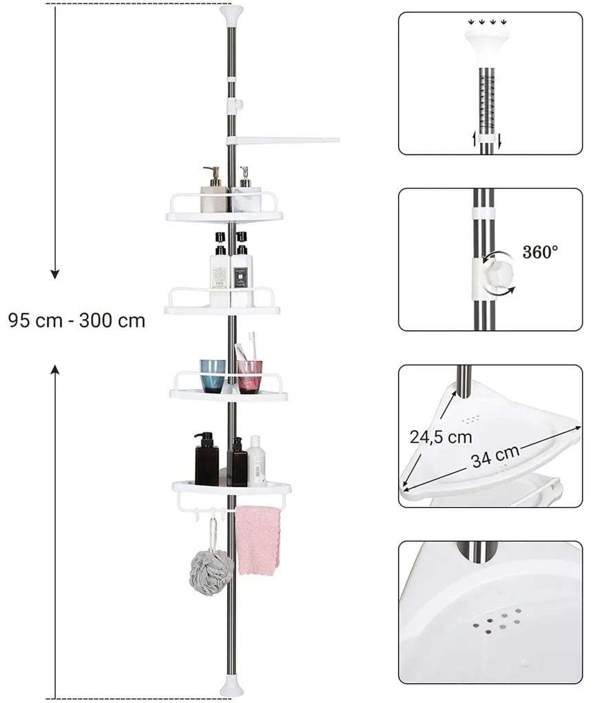 Raft telescopic baie cu suport pentru prosoape BLAKO, alb