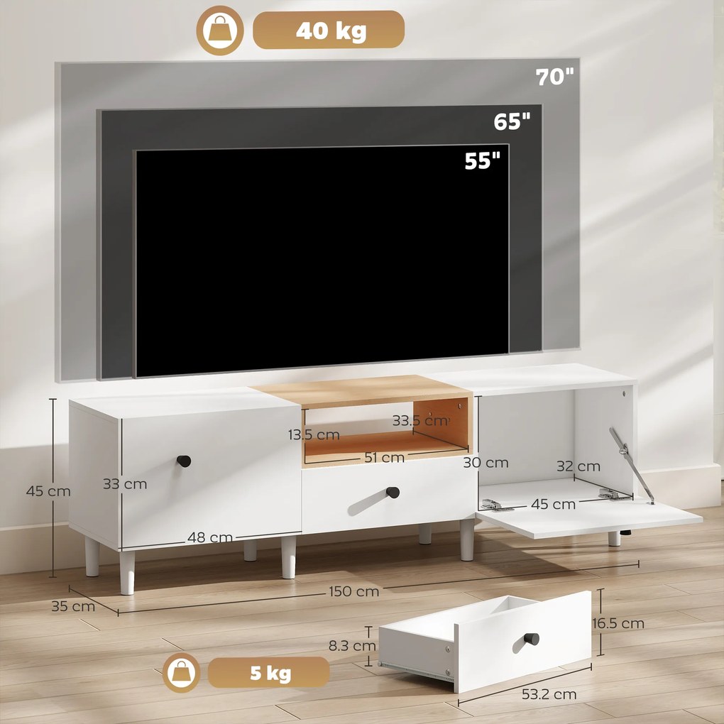 HOMCOM Mobilier TV, Suport TV până la 70" cu 2 Uși Rabatabile, Balamale Soft Close, Sertar, Raft Deschis, 8 Picioare pentru Sufragerie, Dormitor, 150x35x45 cm, Alb și Culoare Lemn | Aosom Romania