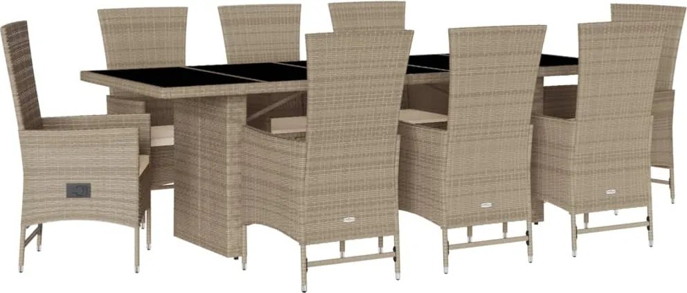 vidaXL Set de masă pentru grădină, 9 piese, cu perne, bej, poliratan
