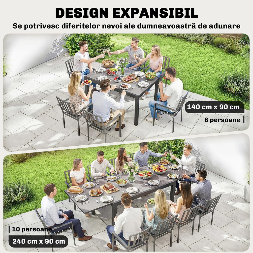 Outsunny Masă de Grădină Extensibilă pentru 8-10 Persoane 140/240x90 cm, Masă de Dining Extensibilă cu Blat din Sticlă Securizată, Masă de Exterior pentru Terasă, Balcon, Negru | Aosom Romania