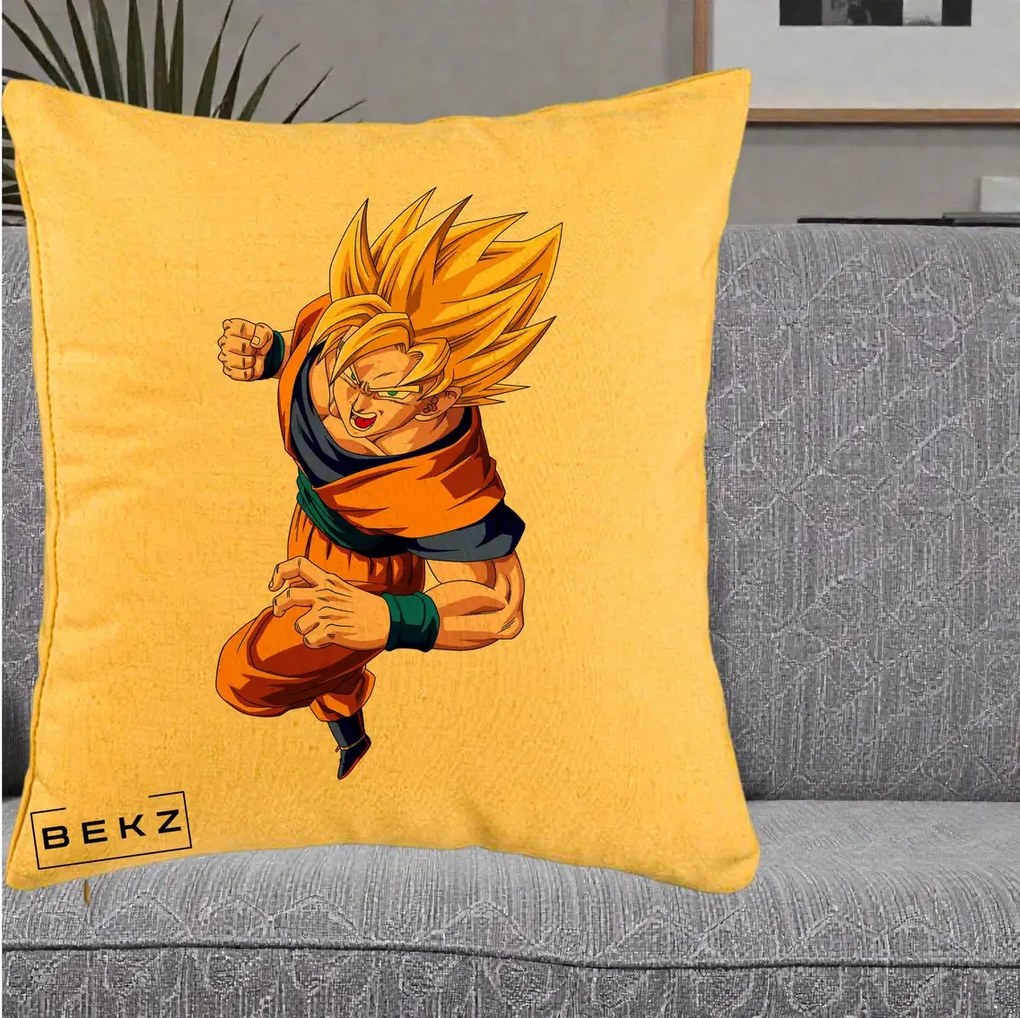 Perna Personalizata Dragon Ball Goku Super Saiyan 2 Lupta, 40x40 cm, Galben, Husa Detasabila, Perna Inclusa, BEKZ®