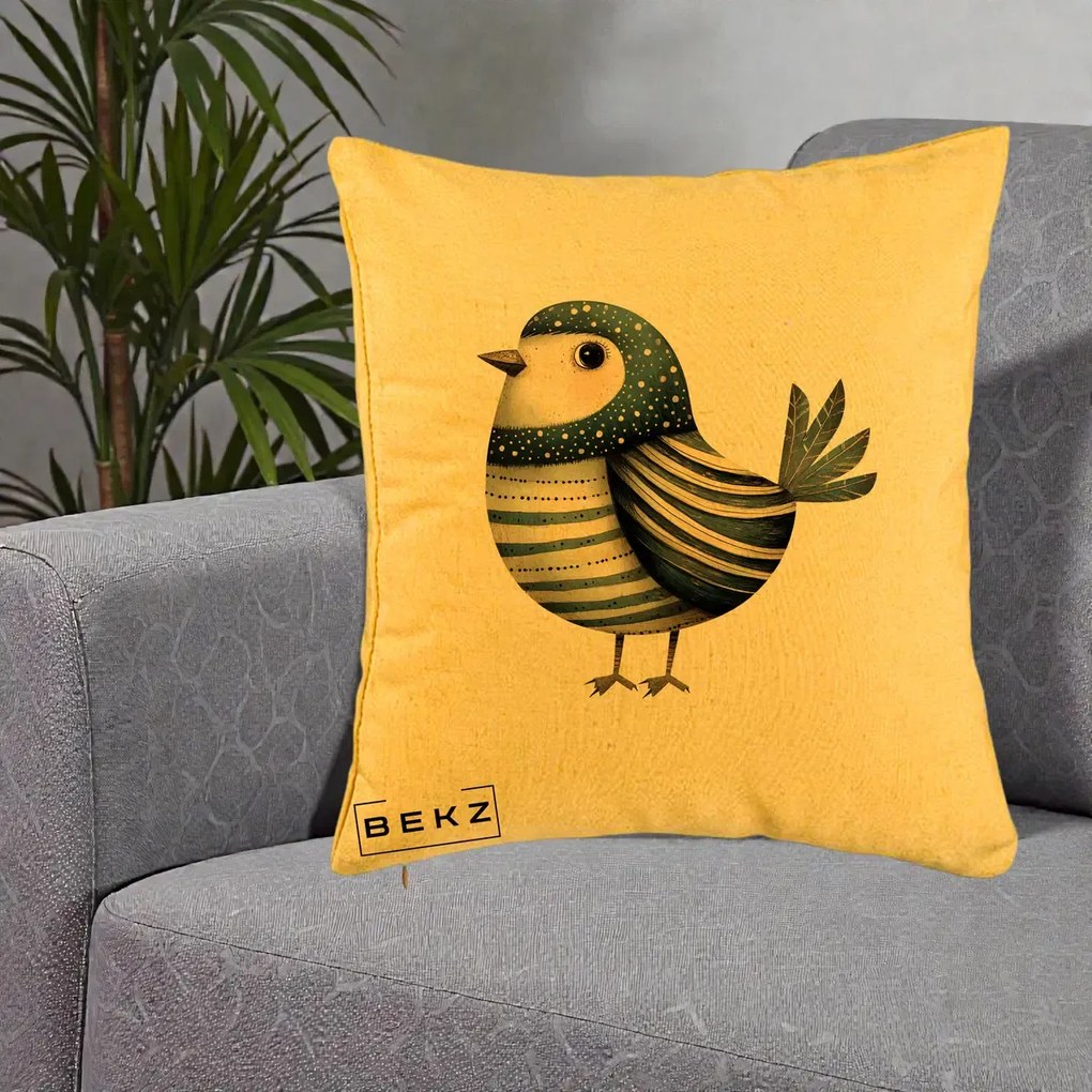 Perna Decorativa Pasare Teal Decorativa Dungata, 40x40 cm, Galben, Husa Detasabila, Perna Inclusa, BEKZ®