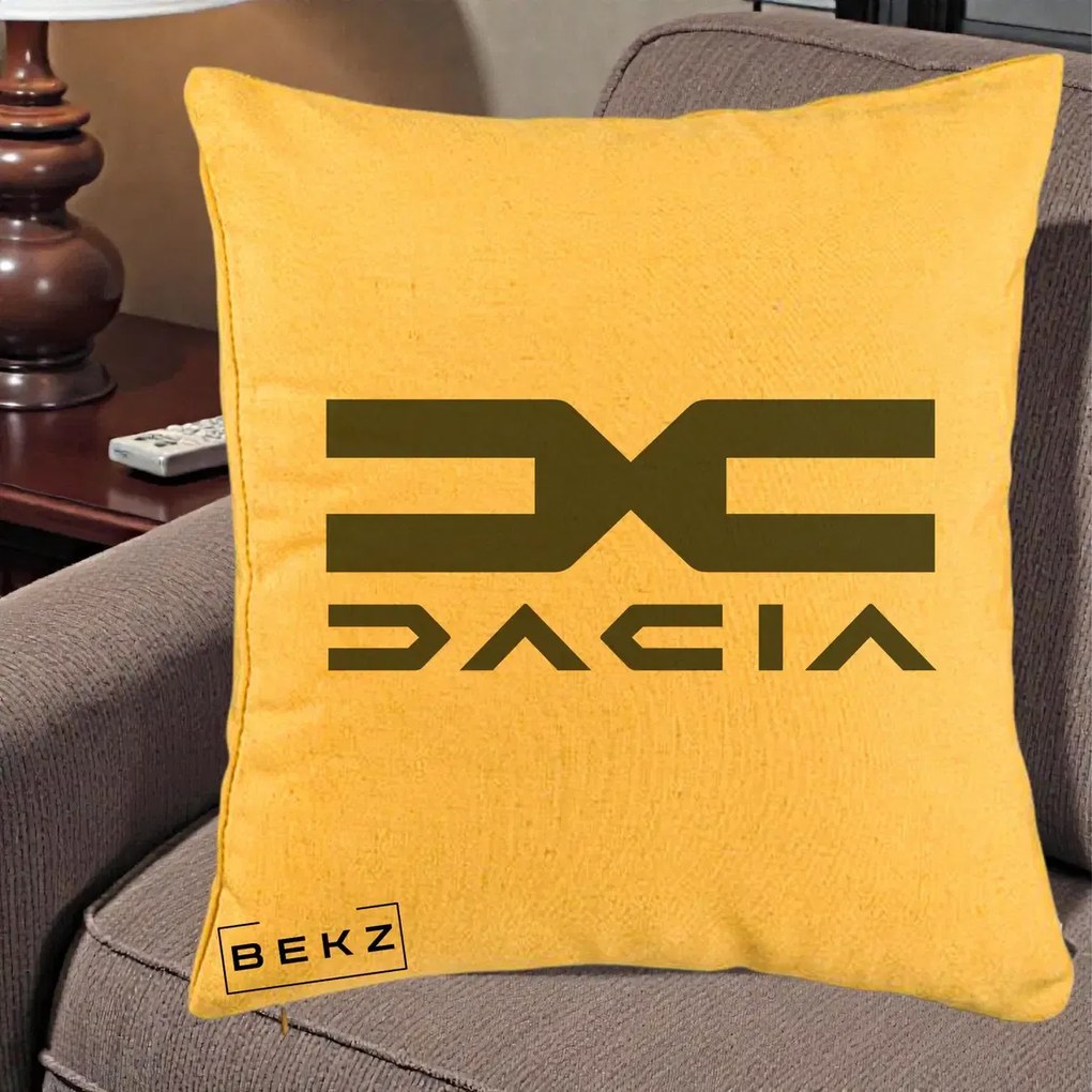 Perna Personalizata cu emblema Dacia, 40x40 cm, Galben, Husa Detasabila, Perna Inclusa, BEKZ®