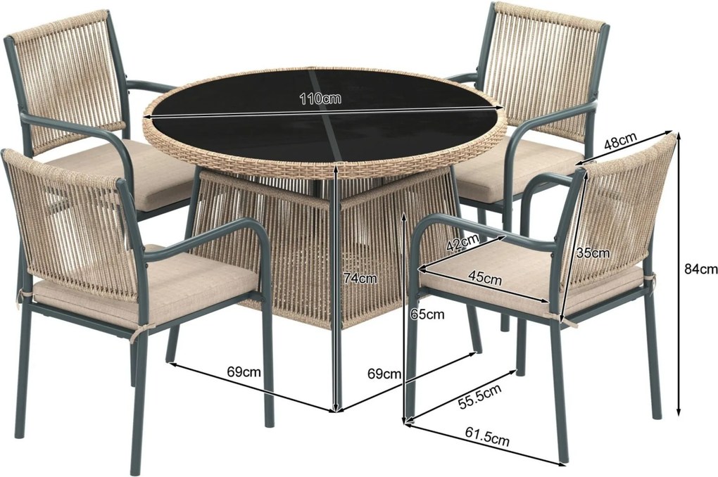 Set mobilier de grădină modern, 5 piese, masă rotundă cu blat din sticlă securizată, 4 scaune cu brațe cu spătar din sfoară, Gri