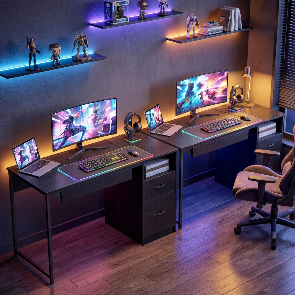 HOMCOM Birou Gaming Industrial, 120x52,3cm Stație Gaming cu Suport Tastatură, Compartiment Deschis și Sertare pentru Documente Format A4 Letter Legal, Masă Computer pentru Birou Acasă, Negru | Aosom Romania