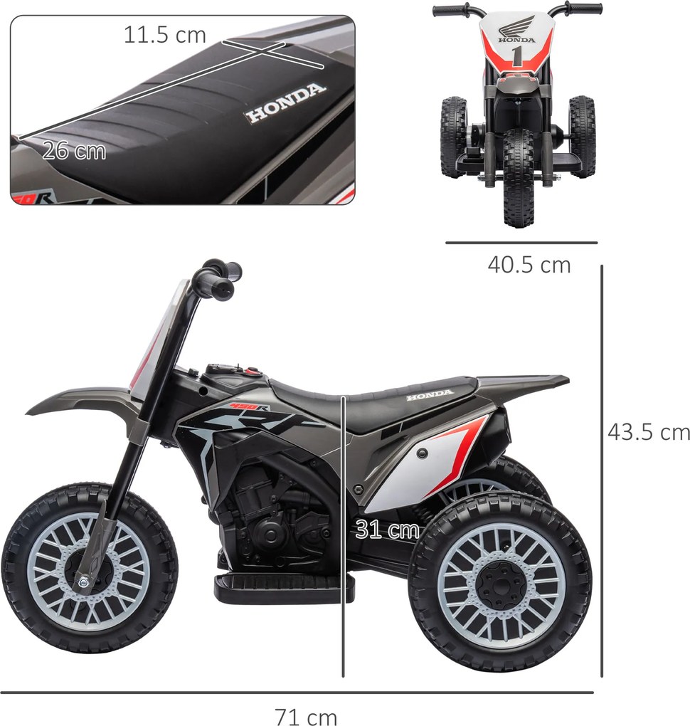 HOMCOM Motocicletă Electrică pentru Copii sub Licență Honda CRF450RL cu 3 Roți și Claxon, 71x40.5x43.5 cm, Gri | Aosom Romania