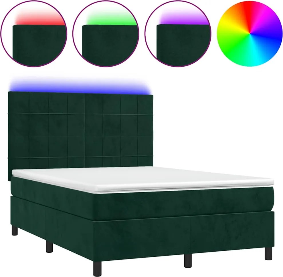 vidaXL Pat cu arcuri, saltea și LED, verde închis, 140x190 cm, catifea