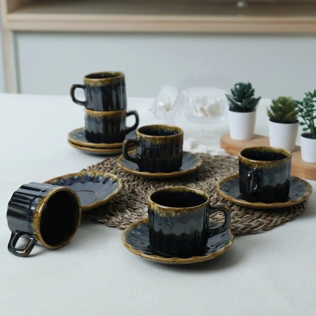 Set de 6 cești din ceramică cu farfurioareElementa 185 ml, albastru închis