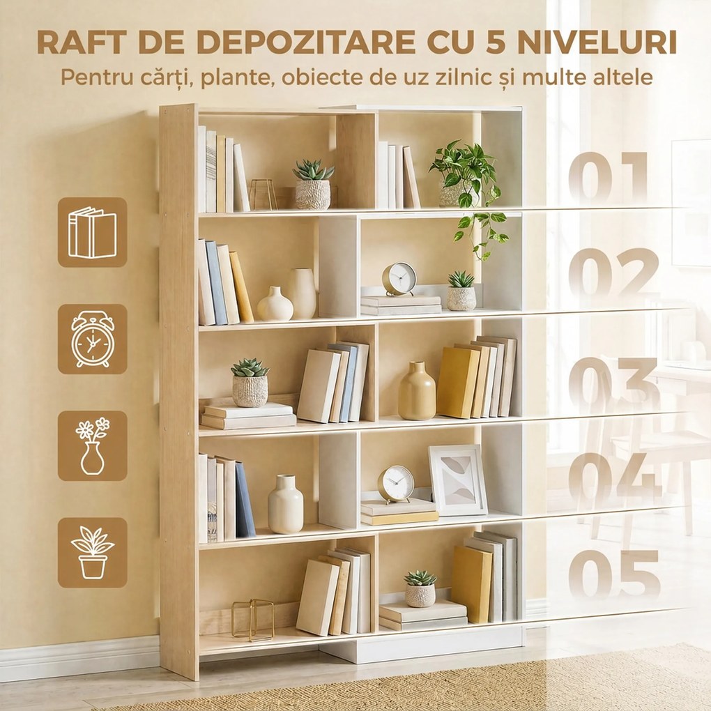 HOMCOM Bibliotecă de Colț cu 5 Polițe, Design Rotativ 350°, Lemn/Alb | Aosom Romania