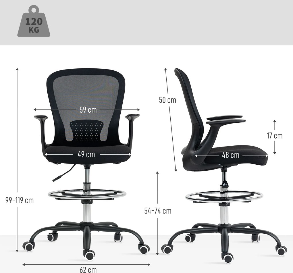 HOMCOM Scaun de birou cu înălțime reglabilă, scaun pentru birou cu inel pentru picioare reglabil, suport lombar, 62 x 59 x 119 cm, negru | Aosom Romania