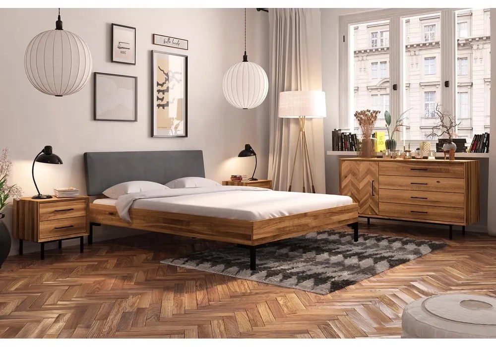 Pat matrimonial din lemn de stejar cu tăblie tapițată 160x200 cm Abises 1 - The Beds