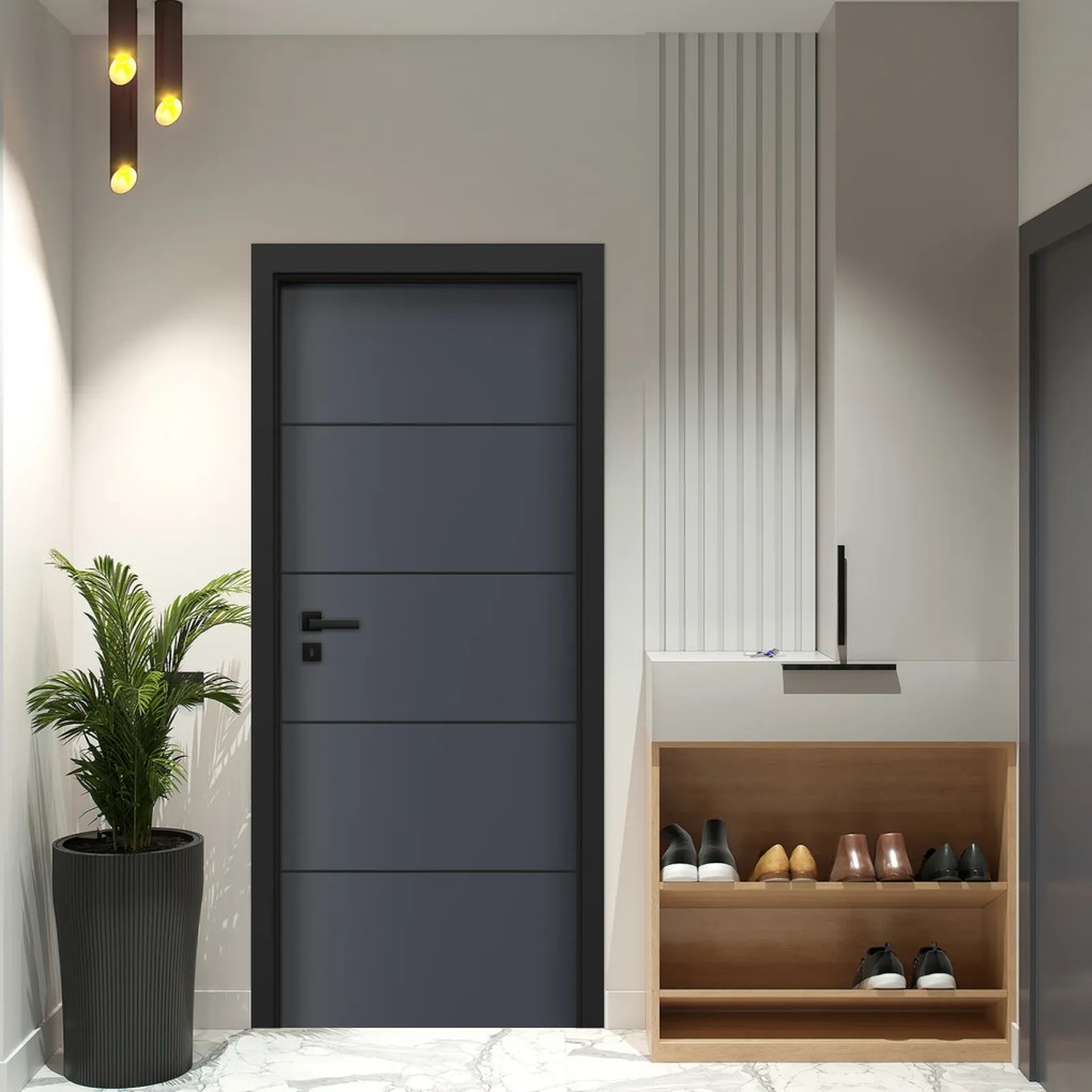 Usa de interior gri antracit finisaj CPL cu toc metalic negru mat - ORIZONT 3.5 DR, 100 mm, Toc metalic negru vopsit, Gri Antracit, Laminat CPL, 911 x