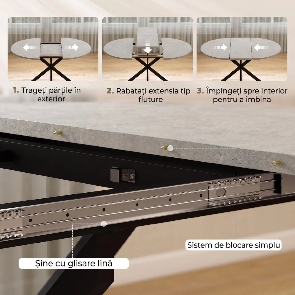 HOMCOM Masă de Sufragerie Extensibilă pentru 4-6 Persoane cu Picior în Formă de X, Gri Ciment | Aosom Romania