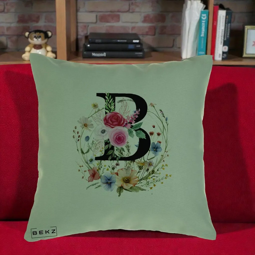 Cadou Personalizat - Perna Personalizata Monogram Litera B cu Flori Acuarela, 40x40 cm, Verde, Husa Detasabila, Perna Inclusa, BEKZ®