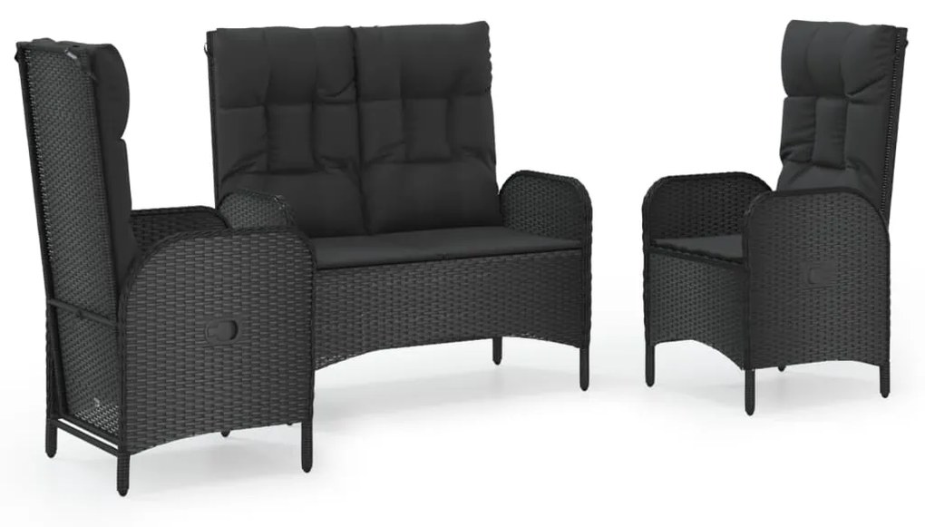 3185093 vidaXL Set mobilier de grădină cu perne, 3 piese, negru, poliratan