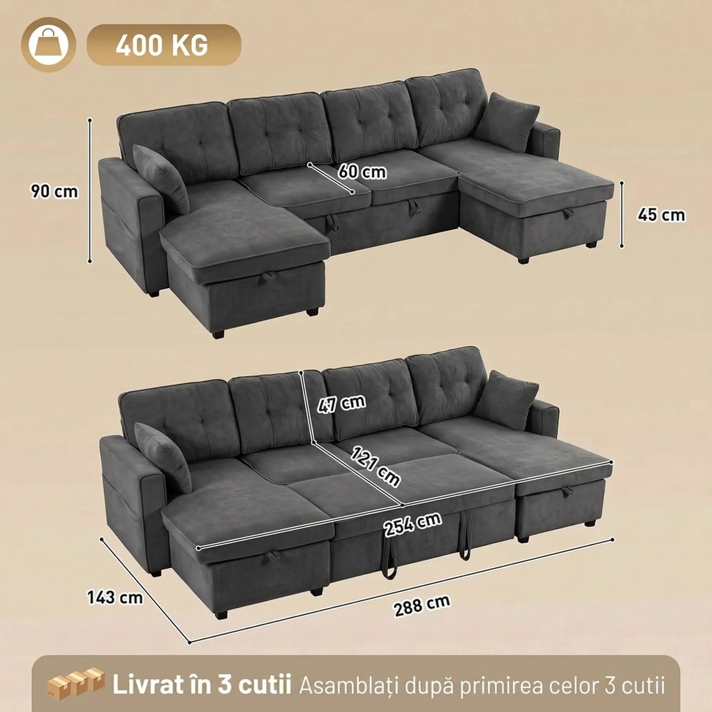HOMCOM Canapea extensibilă mare în U, cu 2 șezlonguri, depozitare și 2 perne, chenille, gri închis | Aosom Romania