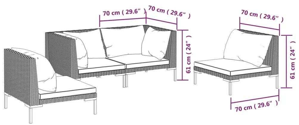 Set mobilier de gradina cu perne 4 piese gri inchis poliratan 2x colt + 2x mijloc, 1