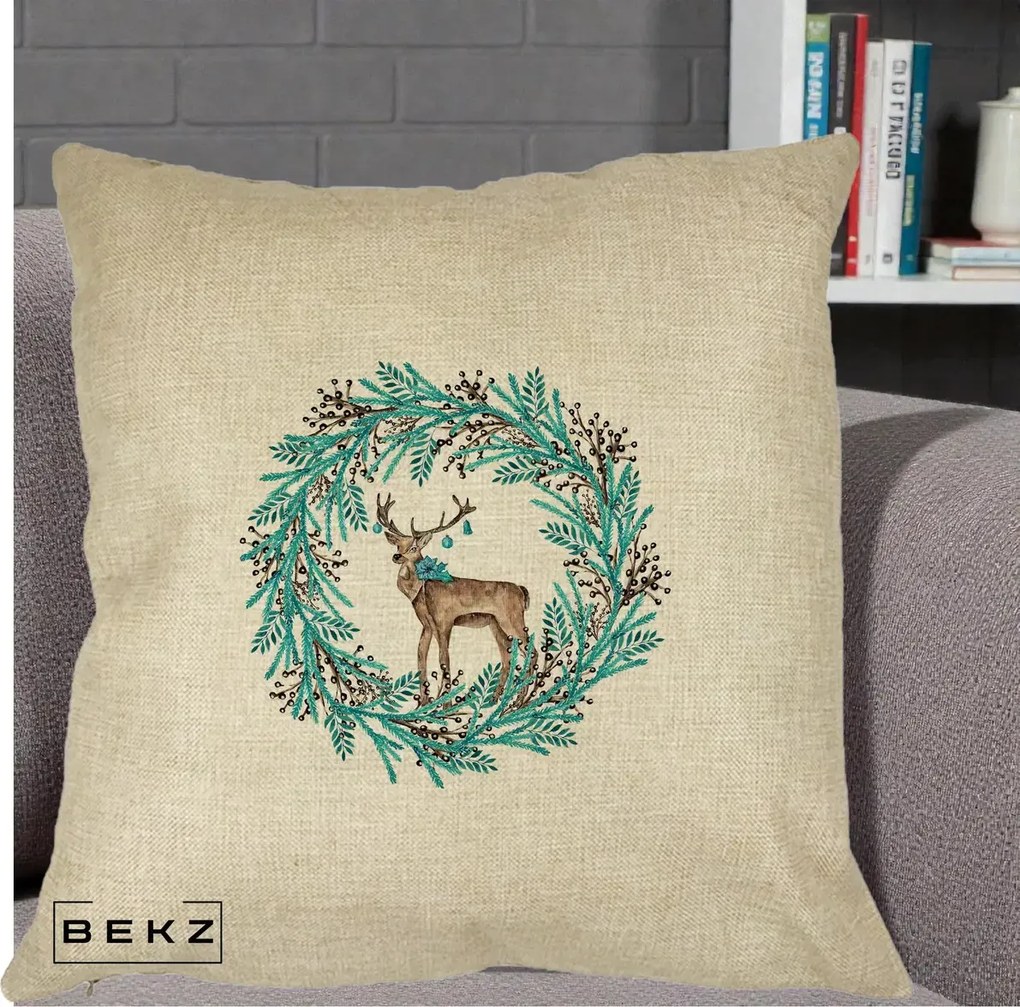 Perna Decorativa Coroana Turcoaz cu Ren, 40x40 cm, Crem, Husa Detasabila, Perna Inclusa, BEKZ®