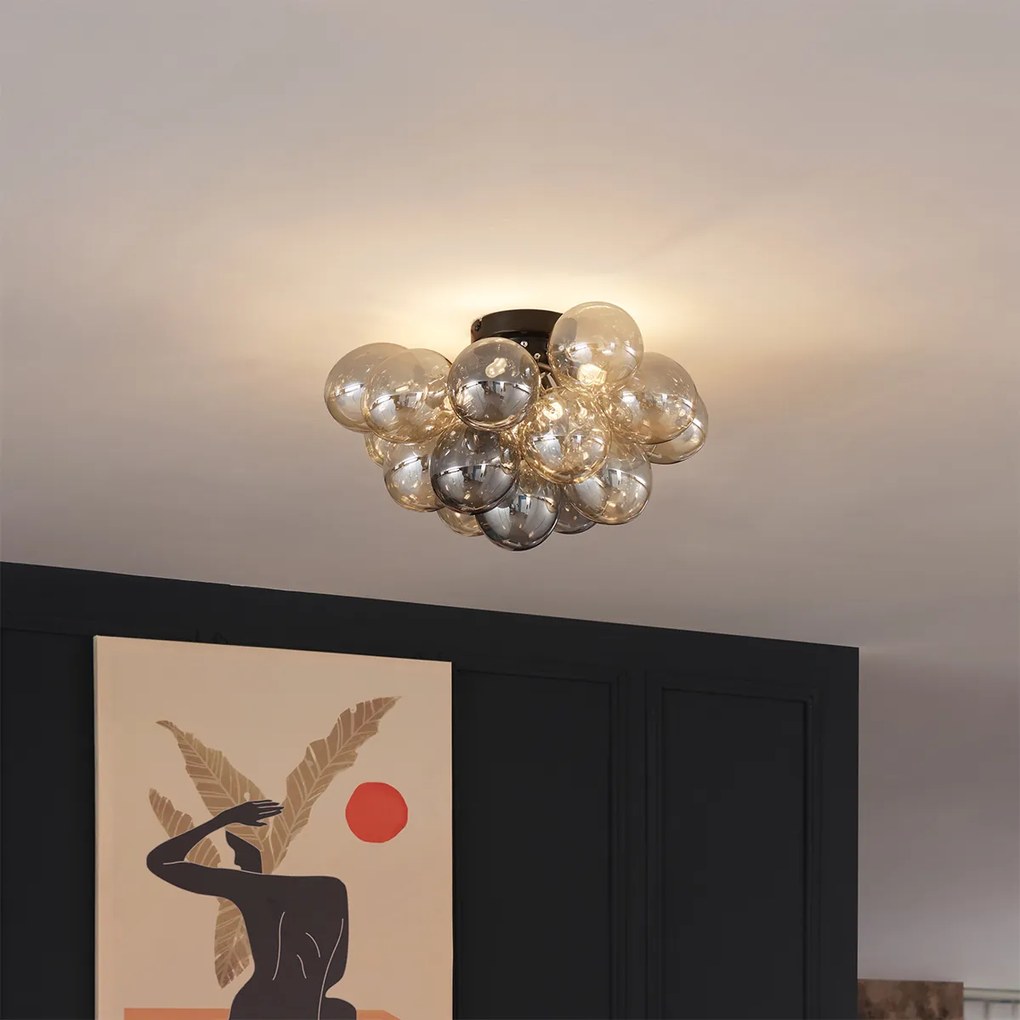 Plafonieră de design negru cu chihlimbar și sticlă fumuriu 4 lumini - Uvas